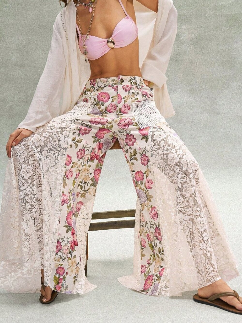 Khaki Boho Women's Casual Ditsy Floral Lace Loose Wide-Leg Low-Waist Pants - Picture 4 of 8